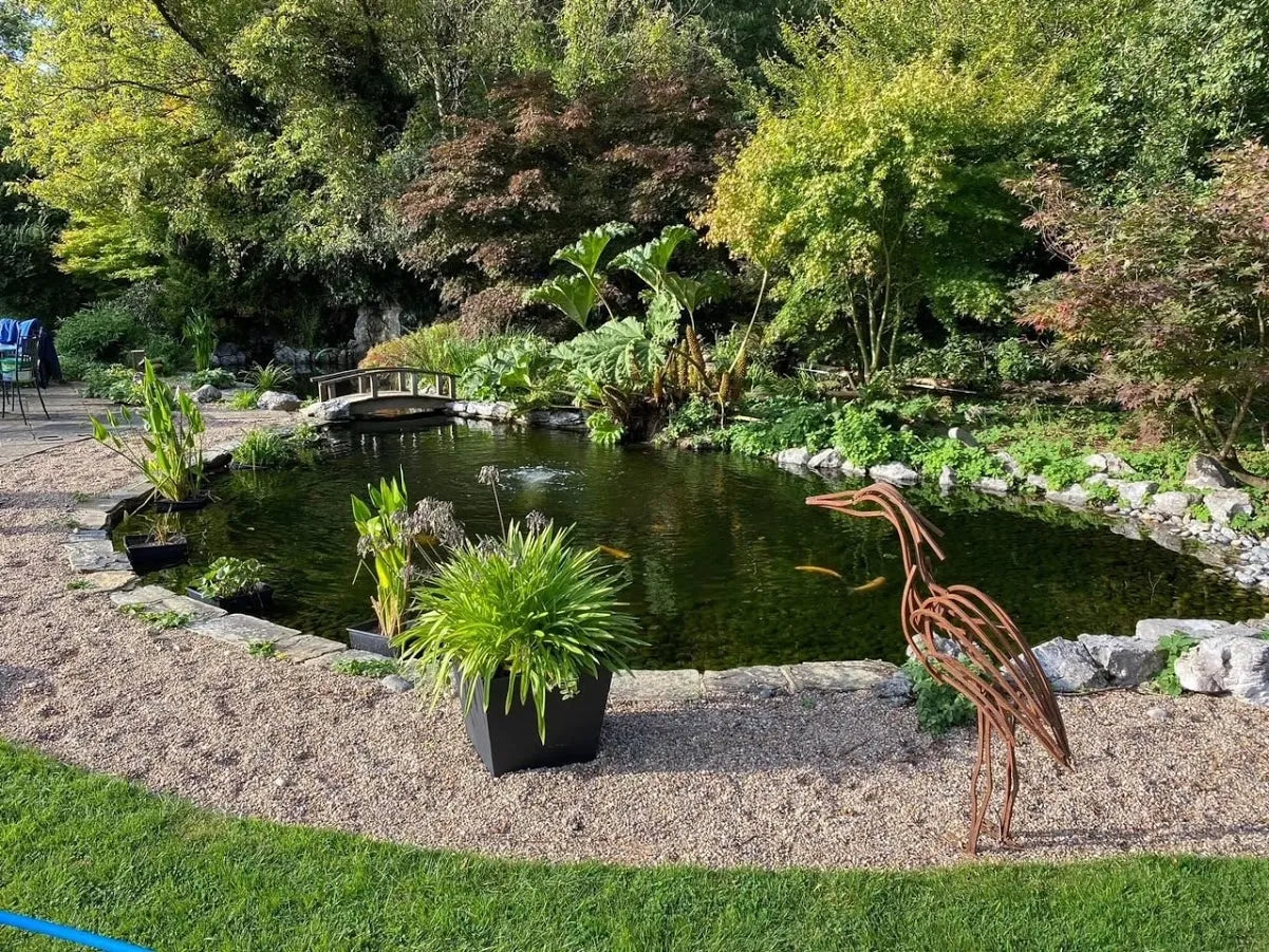 a pond with a statue of a giraffe next to it