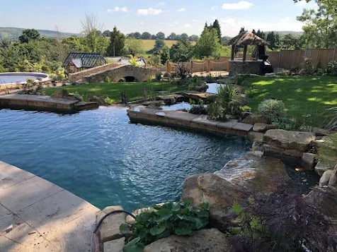 a backyard with a pool and a waterfall