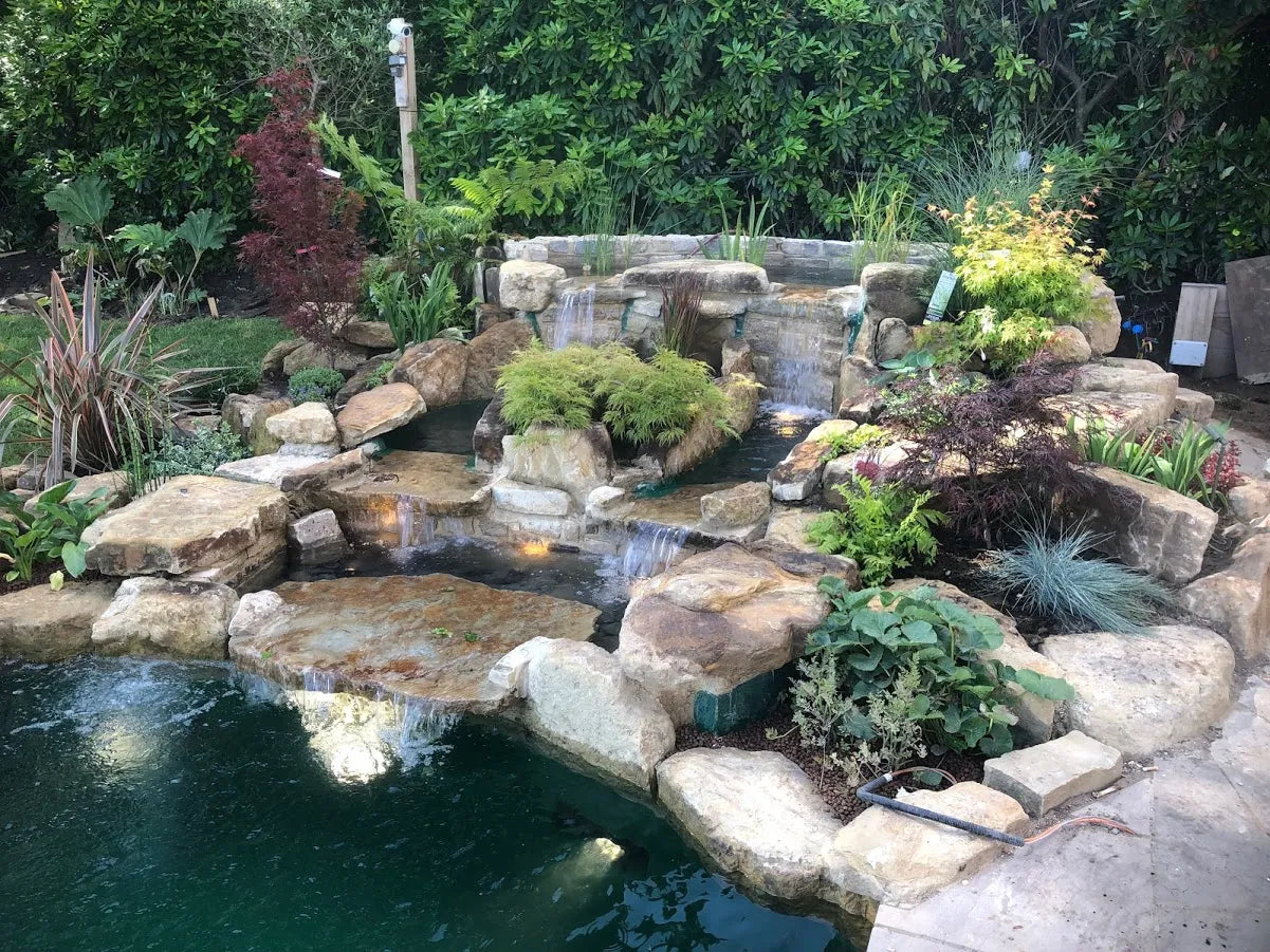 a garden with a pond and a waterfall