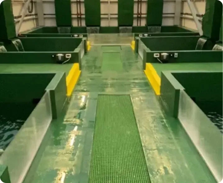 a green and yellow conveyor belt in a factory