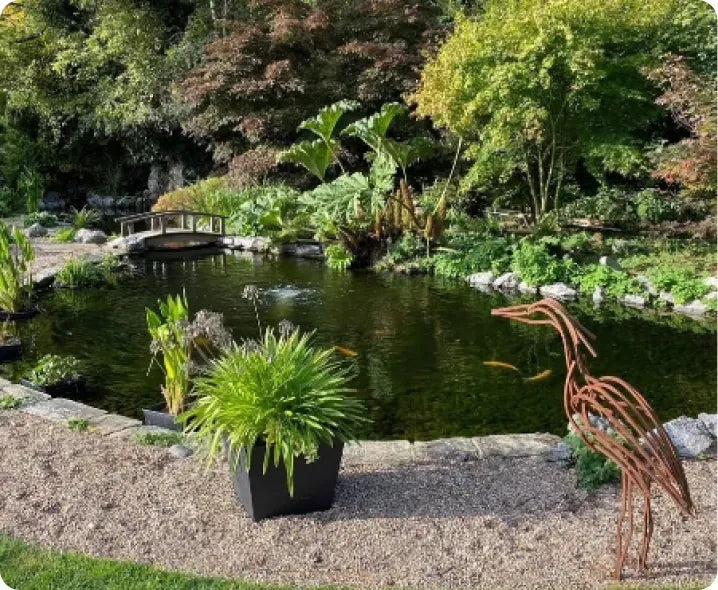 a pond with a statue of a giraffe next to it