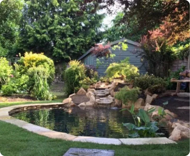 a garden with a pond and a bench