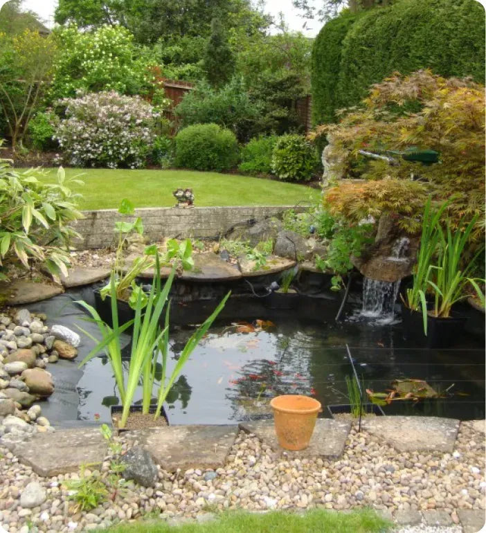 a small pond with a waterfall in the middle of it