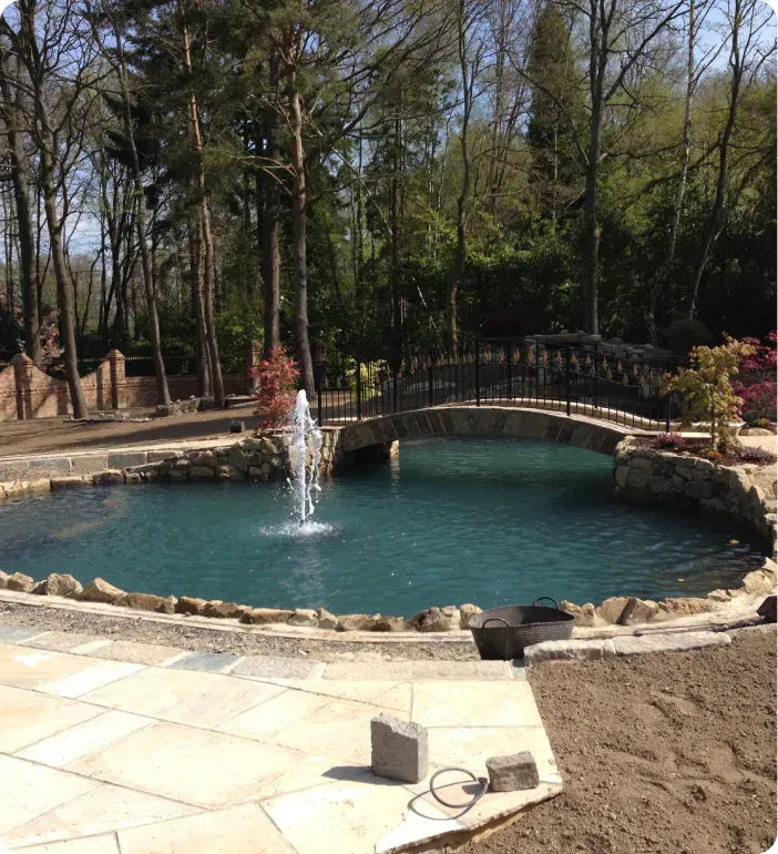 a pool with a waterfall and a bridge in the middle of it