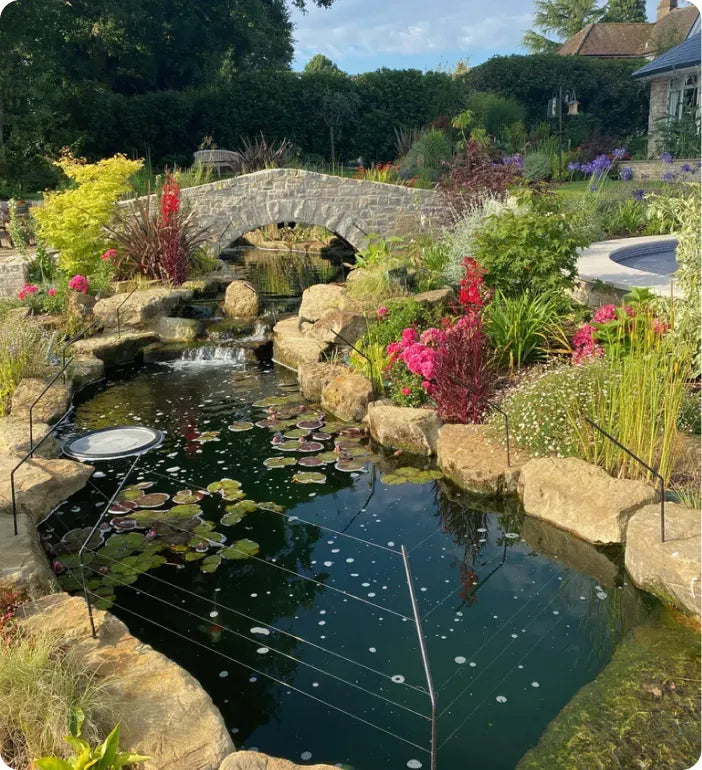 a garden with a pond and a stone bridge