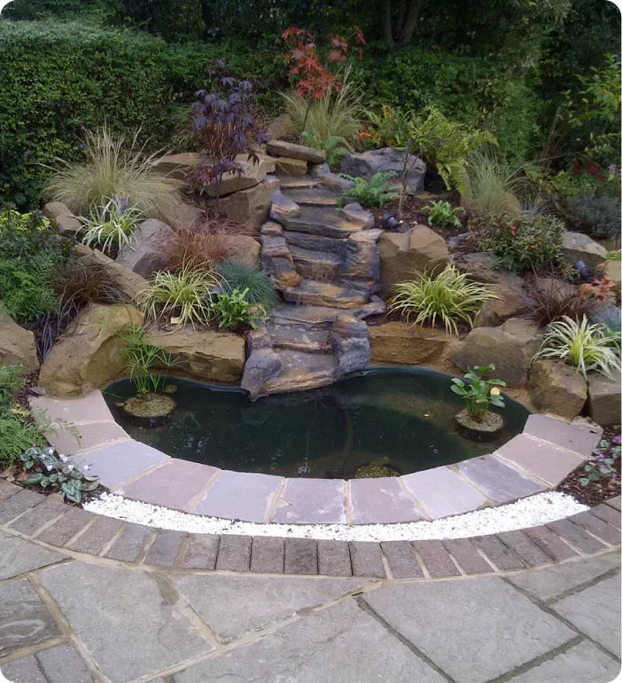 a small pond surrounded by rocks and plants