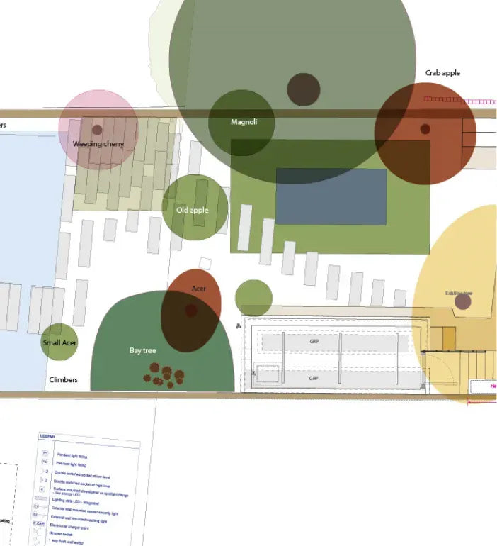 a plan of a building with a lot of trees