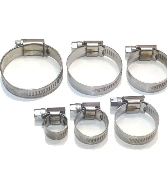 a set of five stainless steel hose clamps