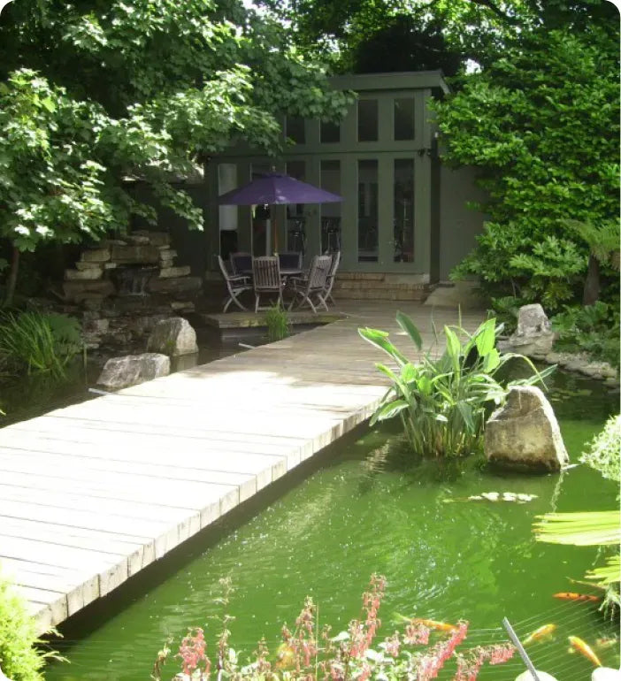 a small pond with a dock in the middle of it